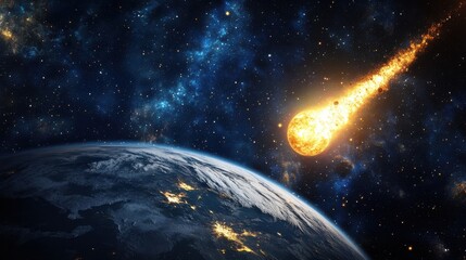Wall Mural - earth view with a fiery meteor streaking across the sky amidst twinkling stars and cosmic dust cloud