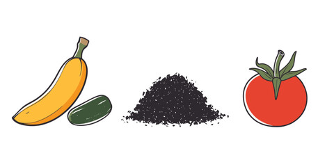Poster - Solid black shadow silhouette icon featuring three distinct items arranged with a banana, cucumber, and tomato on a clean background