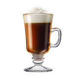 An elegant irish coffee in a clear glass mug with whipped cream against a isolated on white transparent background for beverage concepts