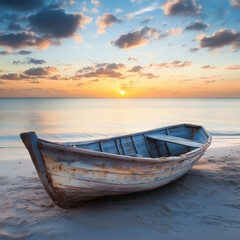  small weathered wooden boat at sunset on a tranquil beach