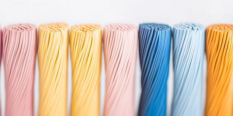 Poster - Abstract assortment of colorful textured rods lined up against a clean, bright background, creating a visually appealing composition with vibrant hues.