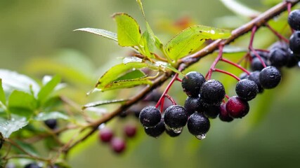 Poster - Close-up of ripe blackcurrant berries hanging on sunlit branch.