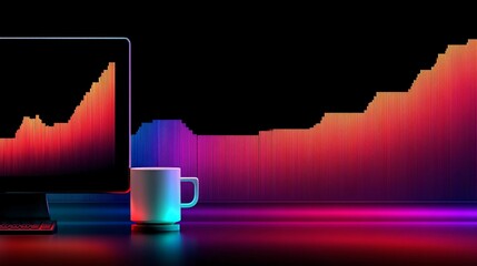 Computer setup with colorful graphic display and coffee cup on desk at night