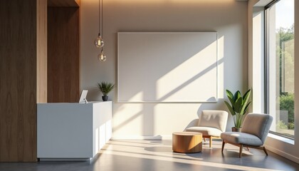 Poster - Modern reception area with comfortable seating and large windows  