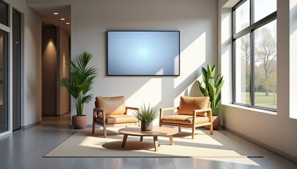 Poster - Modern living room with comfortable chairs and plants by large windows  