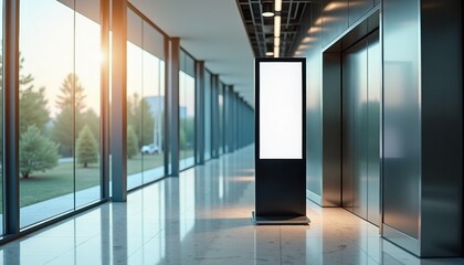 Poster - Digital signage display in modern office corridor during sunset  