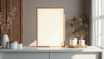 Poster - Simple interior with blank frame and decor elements on table  
