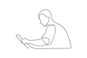Fototapete - Person using tablet minimalist line art drawing simple design