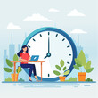 © VectorVibe - Part-time job, work tracking system, day planning or time management, side hustle or office work deadline, start and end time schedule concept, businesswoman working with laptop on split time cloc