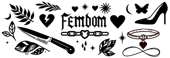 Wall Mural - Vector illustration in bold black and white, using modern tattoo style. It features hearts, leaves, knife, shoe, collar, and decorative symbols, reflecting trendy minimalistic and gothic motifs.