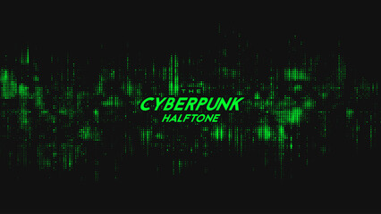 Poster - Abstract vector green cyberpunk halftone sound wave. Scrathed dotted texture element.