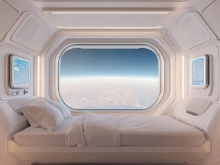 a futuristic, minimalist space capsule bedroom with a large window showing a breathtaking view of ea