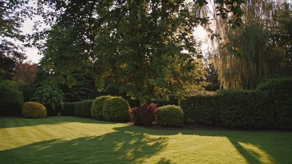 Poster - Warm sunlight filters through the leaves of trees, casting long shadows across a well-maintained lawn and hedges in a tranquil garden setting