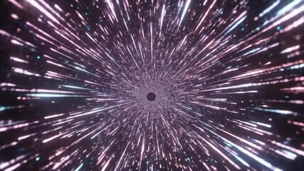 Poster - Glowing streaks converge towards a dark central point, creating a tunnel-like effect in a deep purple space