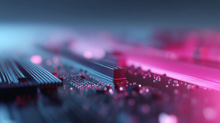 Poster - Abstract detail of a circuit board, illuminated in vibrant pink and blue hues. Represents technology, connectivity, innovation, and the digital world. Perfect for tech and IT themes.
