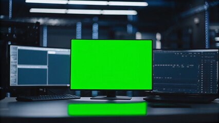 Three computer monitors on a desk with a green screen on the central monitor display