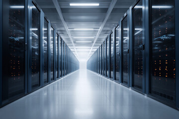 Poster - futuristic server room. data center with endless rows of illuminated server racks. represents techno