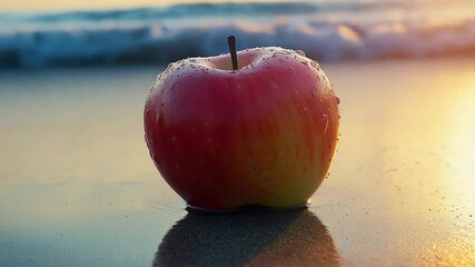 Poster - Apple Resting on Wet Sand by the Ocean at Sunset Generative AI