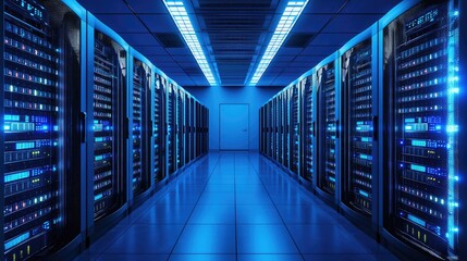 Poster - Symmetrical high-tech server room with glowing blue racks and ceiling lights, perfect for cloud computing, data security visuals, and modern IT infrastructure concepts