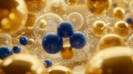 Poster - Abstract spheres, golden, blue, and clear bubbles.  Possible use for wallpaper, posters, digital backgrounds, or product packaging