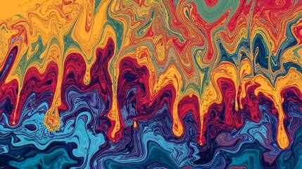 Poster - Abstract Digital Painting Vibrant Swirls Red Orange Yellow Blue Green Dripping Paint Texture