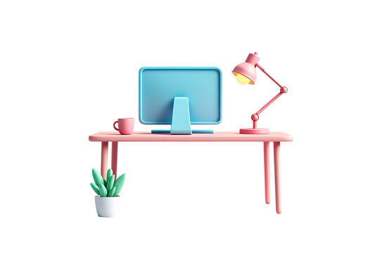 Pastel Desk Setup Computer, Lamp, Plant, and Mug, a Minimalist Workspace, Creative Office, 3D Render, Home Office Design, Productivity Space, Modern Workspace, Clean Desk Aesthetic