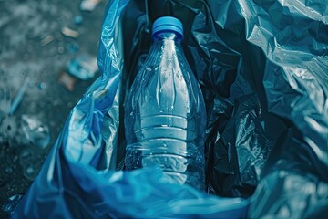 Aufkleber - High Resolution Visual of Empty Plastic Bottle in Blue Garbage Bag at Outdoors