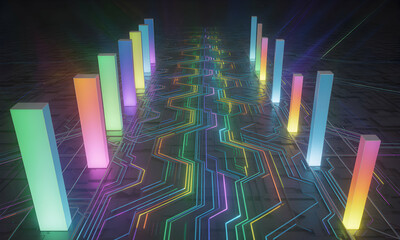 Aufkleber - Neon Glowing Bars on Circuit Board Abstract Technology Pathway