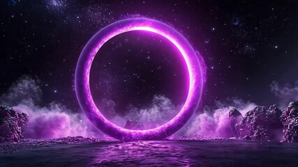 Wall Mural - Glowing portal with purple fog on extraterrestrial terrain