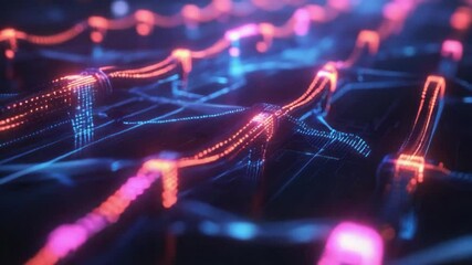 Fototapete - Abstract Network: A mesmerizing abstract artwork showcasing a vibrant network of interconnected nodes, pulsing with neon pink and blue light trails.