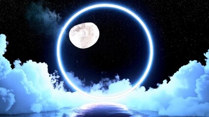 Wall Mural - abstract fantasy landscape featuring luminous circle, white clouds, moon, and starry sky over ripple