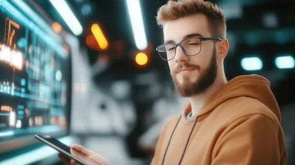 Poster - Tech Innovator at Work: A modern man with glasses and casual attire intently examines a digital tablet, with a futuristic tech interface and ambient lighting reflecting off.