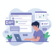 © Ayan - Young man working on laptop computer with calendar and messaging applications modern workplace illustration flat design