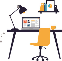 Poster - Modern office workspace with laptop, desk lamp, yellow chair, and shelf accessories in flat vector style 