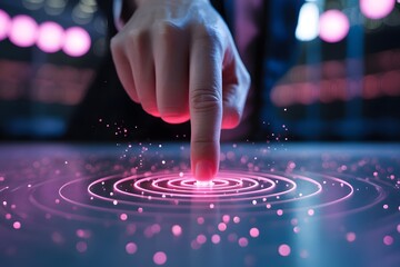 Aufkleber - Finger touching a glowing digital surface creating concentric circles of light