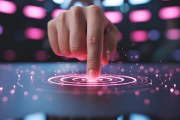 Aufkleber - Finger touching a digital interface with glowing circles and bokeh lights