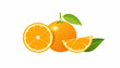 © krisana - Whole and half oranges with realistic segments, attached green leaves, clean modern look with subtle shadows, bright and inviting on white.