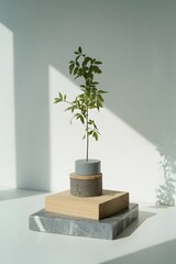 Poster - Minimalist Still Life with Plant on Geometric Pedestals in Bright Light