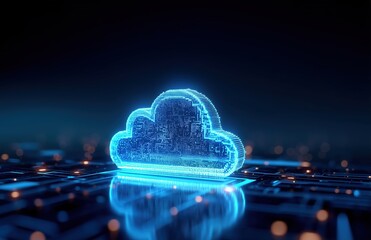 Poster - Glowing blue cloud icon on intricate circuit board background with bokeh effect, symbolizing cloud computing, data storage, digital transfer, and futuristic network connectivity in abstract cyberspace