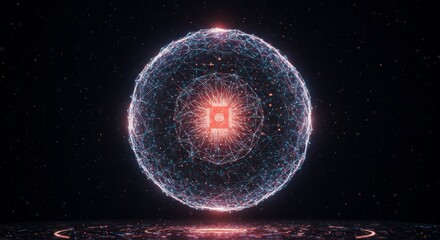 Fototapete - A glowing core, surrounded by layered spheres of blue and red dots, in dark space. The core has a square shape