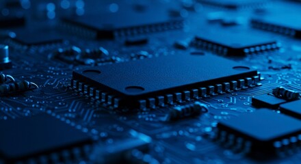 Poster - Close-up of intricate circuitry; complex electronic components, microchips, and connectors, illuminated in deep blue hues