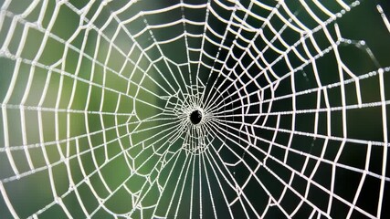 Spider web with morning dew drops glistening on delicate threads, showcasing intricate natural pattern and close up details against blurred green background in nature.