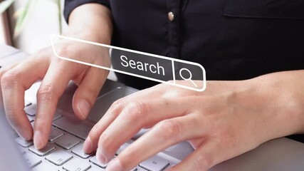 Poster - Hands typing on a computer keyboard with a search bar icon, representing the concept of web search engines and online business.