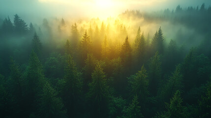 Poster - A breathtaking view of sunlight breaking through a misty forest, creating an enchanting atmosphere in nature's embrace.