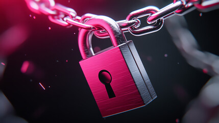 Poster - A close-up of a steel padlock attached to a chain, symbolizing security and protection in the digital age.