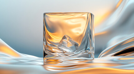 Poster - A close-up of a pristine ice cube floating in elegant liquid, showcasing intricate details and a soothing color palette.