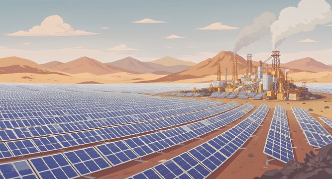 Expansive Solar Panel Field Near Industrial Complex in Arid Mountainous Landscape Pixel Art Style Under Cloudy Sky Emphasizing Renewable Energy and Sustainable Technology
