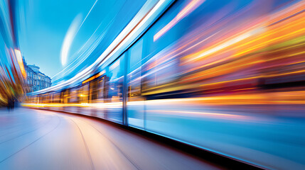Poster - A dynamic view of a tram in motion, showcasing colorful lights and vibrant urban energy at dusk.