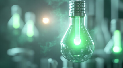 Poster - A glowing green light bulb symbolizes innovation and sustainable energy solutions in modern technology.