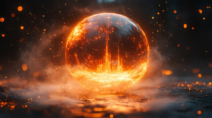 Poster - A mesmerizing glowing orb surrounded by fiery particles, creating an ethereal atmosphere of heat and energy.